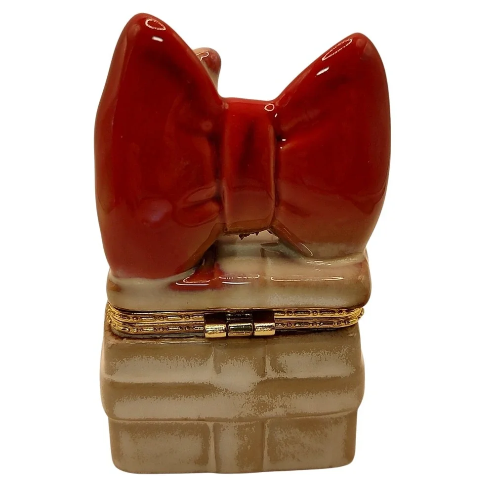 Vintage Porcelain‎ Trinket Box Hinged with Teddy Bear Elephant Red Bow Four Inch